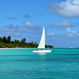 Caribbean Holidays, Caribbean Sailing, A small sailing yacht gliding across calm turquoise Caribbean water beside a quiet tropical island, bright natural light