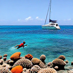 Caribbean Holidays, Caribbean Sailing, A snorkeller exploring a colourful Caribbean coral reef near a sailing yacht anchored in clear shallow water