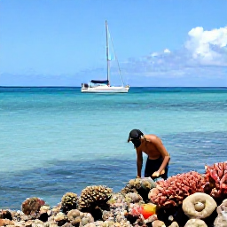 Caribbean Holidays, Caribbean Sailing, A snorkeller exploring colourful coral reef in a calm Caribbean bay with a sailing boat anchored in the background
