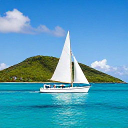 Caribbean Holidays, Caribbean Sailing, A traditional sailing yacht gliding across clear turquoise Caribbean water beside a green island under bright sunshine
