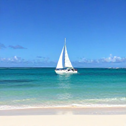 Caribbean Holidays, Caribbean Sailing, A white sailing yacht gliding across clear turquoise Caribbean water beside a quiet sandy beach, bright tropical daylight