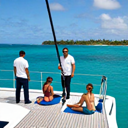 Caribbean Holidays, Caribbean Sailing, Friendly holidaymakers relaxing on the deck of a catamaran with a professional skipper, tropical Caribbean islands in the background