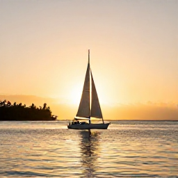 Caribbean Holidays, Caribbean Sailing, Golden sunset over a Caribbean sailing boat anchored near a tropical island, calm sea and warm evening light