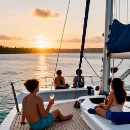 Caribbean Holidays, Caribbean Sailing, Guests relaxing on the deck of a catamaran with drinks as the sun sets over a Caribbean bay