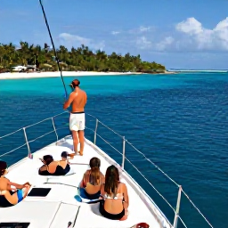 Caribbean Holidays, Caribbean Sailing, Passengers relaxing on the deck of a Caribbean sailing boat while a skipper steers towards a secluded tropical cove