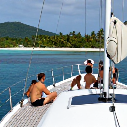 Caribbean Holidays, Caribbean Sailing, Passengers relaxing on the deck of a sailing boat in a calm Caribbean bay, with palm trees and green hills in the background