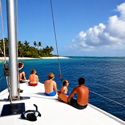 Caribbean Holidays, Caribbean Sailing, Passengers relaxing on the deck of a small sailing boat near a secluded Caribbean cove, with snorkelling masks, calm blue water and palm trees