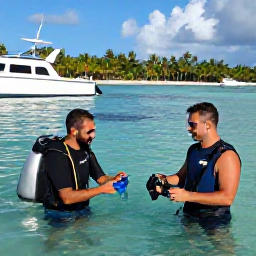 Caribbean Holidays, Caribbean Scuba Diving, A beginner scuba diver receiving instruction from a friendly instructor in a calm Caribbean bay with a boat and palm-lined shore