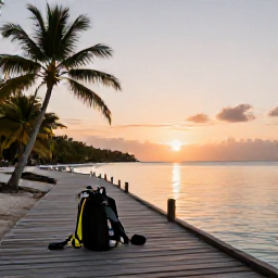 Caribbean Holidays, Caribbean Scuba Diving, A relaxed Caribbean beach at sunset with scuba gear drying beside a wooden jetty, calm sea, palm trees and warm evening light