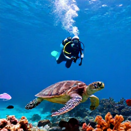 Caribbean Holidays, Caribbean Scuba Diving, A scuba diver observing a sea turtle above a healthy Caribbean reef surrounded by tropical fish and clear blue water