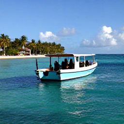 Caribbean Holidays, Caribbean Scuba Diving, A small Caribbean dive boat returning to a sunny harbour after a morning dive, divers in equipment and palm trees along the shoreline