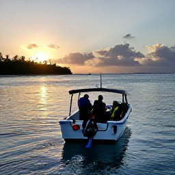 Caribbean Holidays, Caribbean Scuba Diving, A small dive boat returning towards a palm-fringed Caribbean island at sunset, with calm sea and scuba equipment on board
