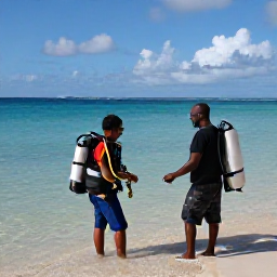 Caribbean Holidays, Caribbean Scuba Diving, Beginner scuba diver receiving instruction from a friendly dive instructor in shallow clear Caribbean water beside a sandy beach