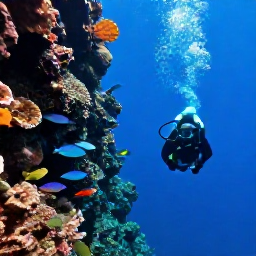 Caribbean Holidays, Caribbean Scuba Diving, Experienced scuba diver swimming above a dramatic Caribbean coral wall with reef fish, sponges and deep blue water