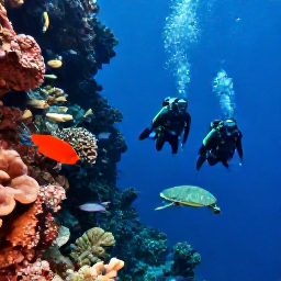Caribbean Holidays, Caribbean Scuba Diving, Experienced scuba divers descending beside a dramatic Caribbean reef wall, colourful corals, sea turtles and schooling fish in deep blue water