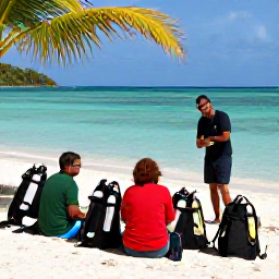 Caribbean Holidays, Caribbean Scuba Diving, Friendly Caribbean dive instructor briefing holidaymakers beside a palm-fringed beach with scuba equipment ready for a first dive