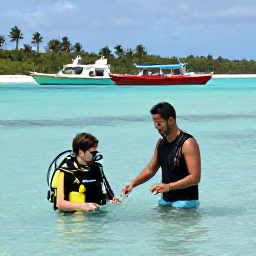 Caribbean Holidays, Caribbean Scuba Diving, Friendly Caribbean dive instructor helping a beginner diver prepare beside a calm tropical bay, colourful boats and palm trees in the background