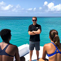 Caribbean Holidays, Caribbean Scuba Diving, Friendly scuba instructor briefing holidaymakers beside a Caribbean boat before a guided dive, tropical sea in the background