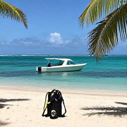 Caribbean Holidays, Caribbean Scuba Diving, Relaxed Caribbean beach beside a small dive boat, with scuba equipment, palm trees and clear blue sea under a sunny sky