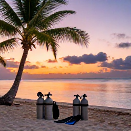 Caribbean Holidays, Caribbean Scuba Diving, Relaxed Caribbean beach scene with scuba tanks, fins and masks near palm trees, calm sea and a colourful sunset