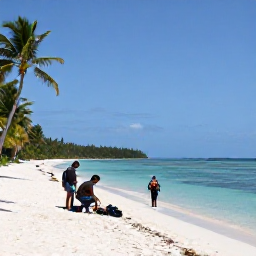 Caribbean Holidays, Caribbean Scuba Diving, Relaxed Caribbean dive centre beside a white sandy beach, divers preparing equipment near calm blue sea and palm trees