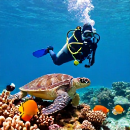 Caribbean Holidays, Caribbean Scuba Diving, Scuba diver swimming above a colourful coral reef with sea turtles, angelfish and clear Caribbean water
