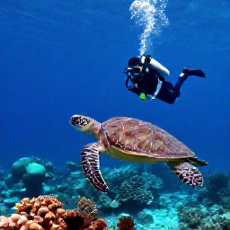 Caribbean Holidays, Caribbean Scuba Diving, Scuba diver swimming alongside a graceful sea turtle over a Caribbean reef, clear blue water and soft coral below