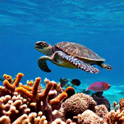 Caribbean Holidays, Caribbean Scuba Diving, Sea turtle swimming above a Caribbean coral reef with colourful fish, sponges and clear blue water