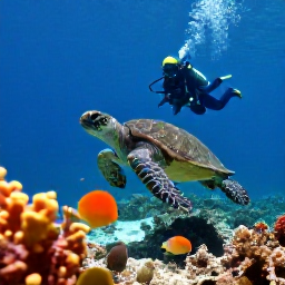 Caribbean Holidays, Caribbean Scuba Diving, Sea turtle swimming above a vibrant Caribbean reef with colourful fish and a scuba diver in the background