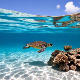 Caribbean Holidays, Caribbean Scuba Diving, Sea turtle swimming over a healthy Caribbean coral reef beside a sunny white-sand beach and calm turquoise sea