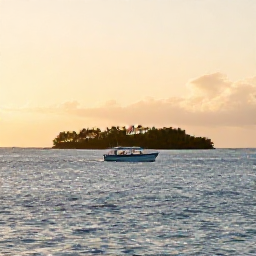 Caribbean Holidays, Caribbean Scuba Diving, Small Caribbean dive boat heading towards a dramatic tropical coastline at golden morning light, calm sea and palm-fringed island