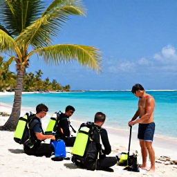 Caribbean Holidays, Caribbean Scuba Diving, Small group of scuba divers preparing equipment beside a Caribbean beach, palm trees, bright blue sea and a professional dive instructor