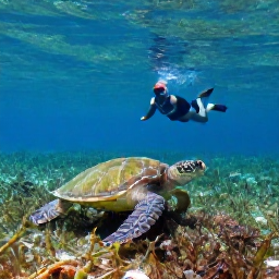 Caribbean Holidays, Caribbean Snorkelling, A snorkeller observing a green sea turtle above seagrass and coral in clear Caribbean water