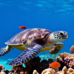 Caribbean Holidays, Caribbean Snorkelling, Close-up underwater view of a sea turtle and tropical fish above a healthy Caribbean coral reef in clear blue water