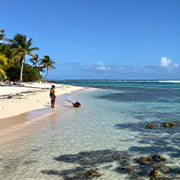 Caribbean Holidays, Caribbean Snorkelling, Quiet Caribbean beach with snorkeller entering calm clear water beside a coral reef, palm trees and gentle waves