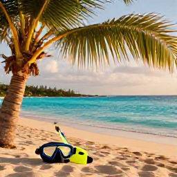 Caribbean Holidays, Caribbean Snorkelling, Relaxed Caribbean beach scene at golden afternoon light, snorkelling gear beside a palm-fringed turquoise bay