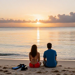 Caribbean Holidays, Caribbean Snorkelling, Relaxed couple sitting on a Caribbean beach after snorkelling, with masks and fins beside them and a peaceful sunset sea