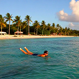 Caribbean Holidays, Caribbean Snorkelling, Relaxed snorkeller floating above a shallow Caribbean reef near a palm-fringed beach during a warm golden afternoon