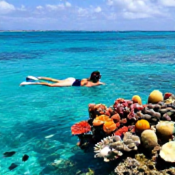 Caribbean Holidays, Caribbean Snorkelling, Traveller floating above a colourful Caribbean coral reef in clear turquoise water, tropical fish below, sunny holiday atmosphere
