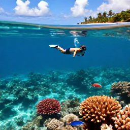 Caribbean Holidays, Caribbean Snorkelling, Traveller snorkelling above a bright Caribbean coral reef in clear turquoise water, colourful fish below, sunny tropical coastline in the distance
