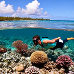 Caribbean Holidays, Caribbean Snorkelling, Traveller snorkelling in calm shallow water over a colourful coral reef, with a Caribbean island coastline in the background