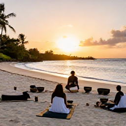 Caribbean Holidays, Caribbean Sound Baths, A peaceful sound bath session beside a Caribbean beach at sunset, with comfortable mats, singing bowls and gentle tropical surroundings