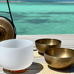 Caribbean Holidays, Caribbean Sound Baths, Close-up of crystal singing bowls and a bronze gong arranged on a wooden deck overlooking turquoise Caribbean water