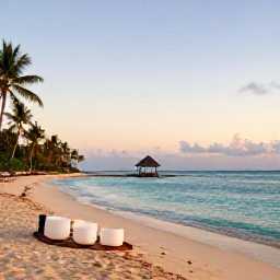 Caribbean Holidays, Caribbean Sound Baths, Quiet Caribbean beach at dawn with calm turquoise water, palm trees and a simple wellness pavilion in the distance