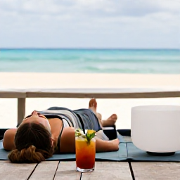 Caribbean Holidays, Caribbean Sound Baths, Relaxed traveller resting on a mat after a Caribbean sound bath, with a fresh herbal drink and ocean view