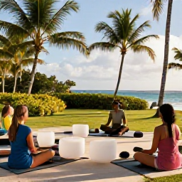 Caribbean Holidays, Caribbean Sound Baths, Small group enjoying a sound bath on a peaceful Caribbean resort terrace surrounded by palms and tropical plants