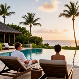 Caribbean Holidays, Caribbean Spa Breaks, Couple enjoying a quiet spa terrace beside a Caribbean pool, tropical greenery, comfortable loungers and sunset light