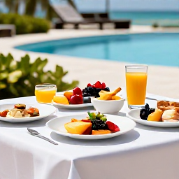 Caribbean Holidays, Caribbean Spa Breaks, Healthy Caribbean resort breakfast with fresh tropical fruit, juice and light dishes on an open-air terrace
