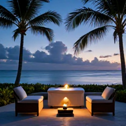 Caribbean Holidays, Caribbean Spa Breaks, Peaceful Caribbean resort at dusk with a softly lit spa, palm silhouettes and a calm beach in the background