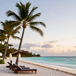 Caribbean Holidays, Caribbean Spa Breaks, Relaxing Caribbean beach with a luxury spa resort, palm trees, calm turquoise sea and soft morning light